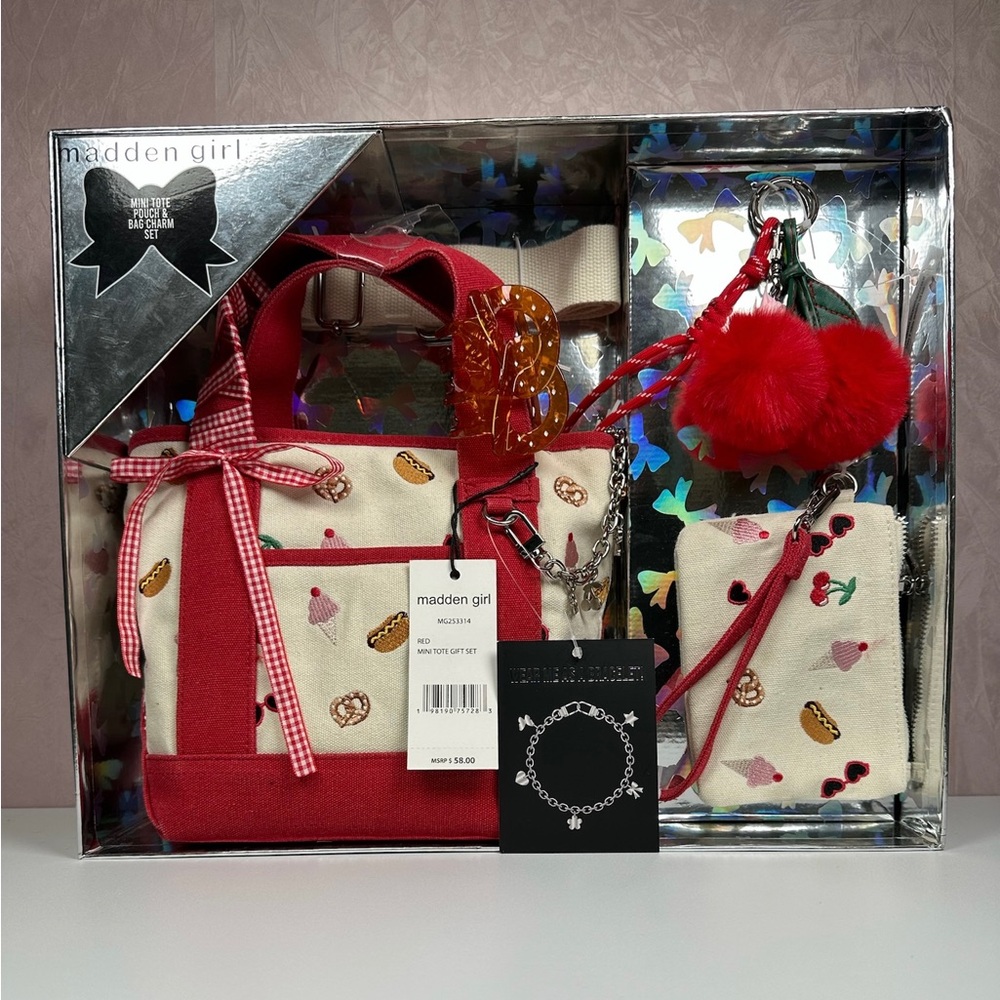 Madden Girl Red and Cream Food Patterned Mini Tote Gift Set - Picture 2 of 11